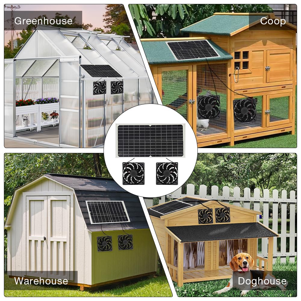 Solar Ventilator, 16W Solarpanel Ventilator, Wetterfest, mit DC Doppelventilator für kleine Hühnerställe, Solarmodul Lüfter Kit für kleine Hühnerställe, Gewächshäuser, Haustierhäuser, Garage