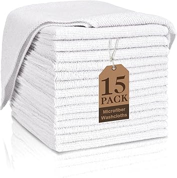 TEAWOO White Washcloths 15 Pack, Highly Absorbent & Quick Drying Face Towels, Premium Quality Soft Bath Towels, Multipurpose Microfiber Wash Cloths, 12x12 inches