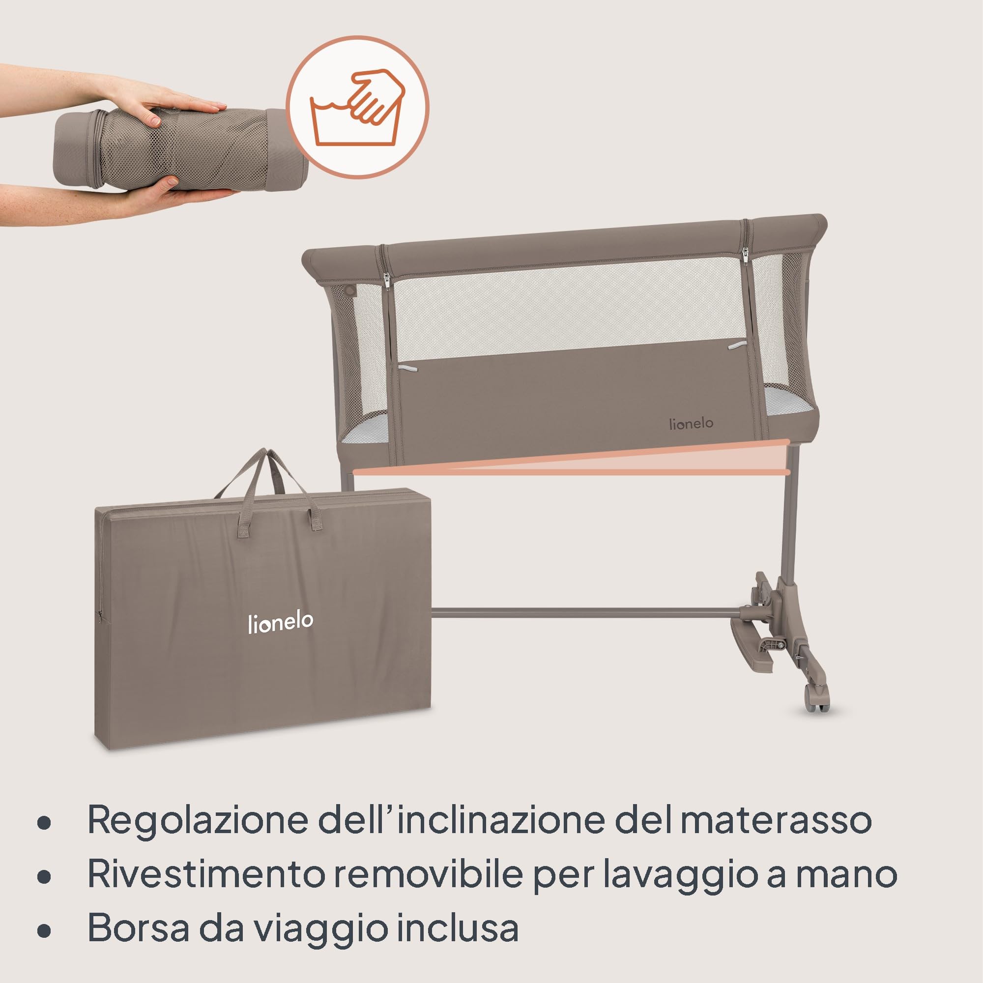 lionelo PARI Culla Co Sleeping Fianco Letto 3 in 1, Regolabile in Altezza 6 Livelli, Materasso T25 2 cm, Ruote con Blocco e Dondolo, Gambe Regolabili per Letto Continentale, Rivestimento Lavabile