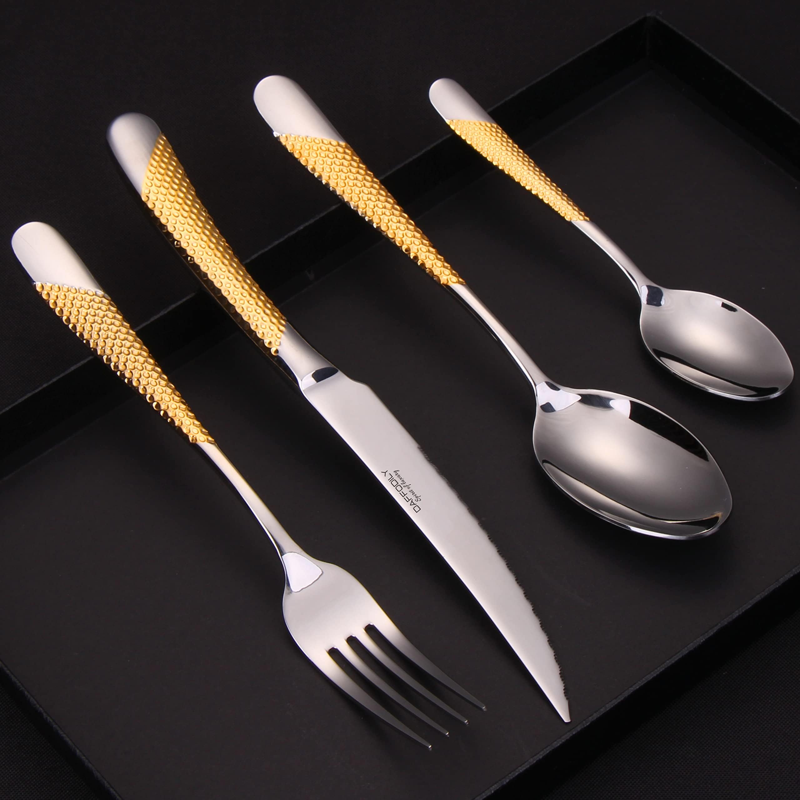 DAFFODILY® Cutlery Set 24 Pc- Gold Cutlery Set for 6 Dishwasher Safe, Mirror Finished Kitchen Cutlery Sets with 2-in-1 Steak Knife Set for Home Kitchen, Silverware, Flatware Spoon Knife Forks Sets