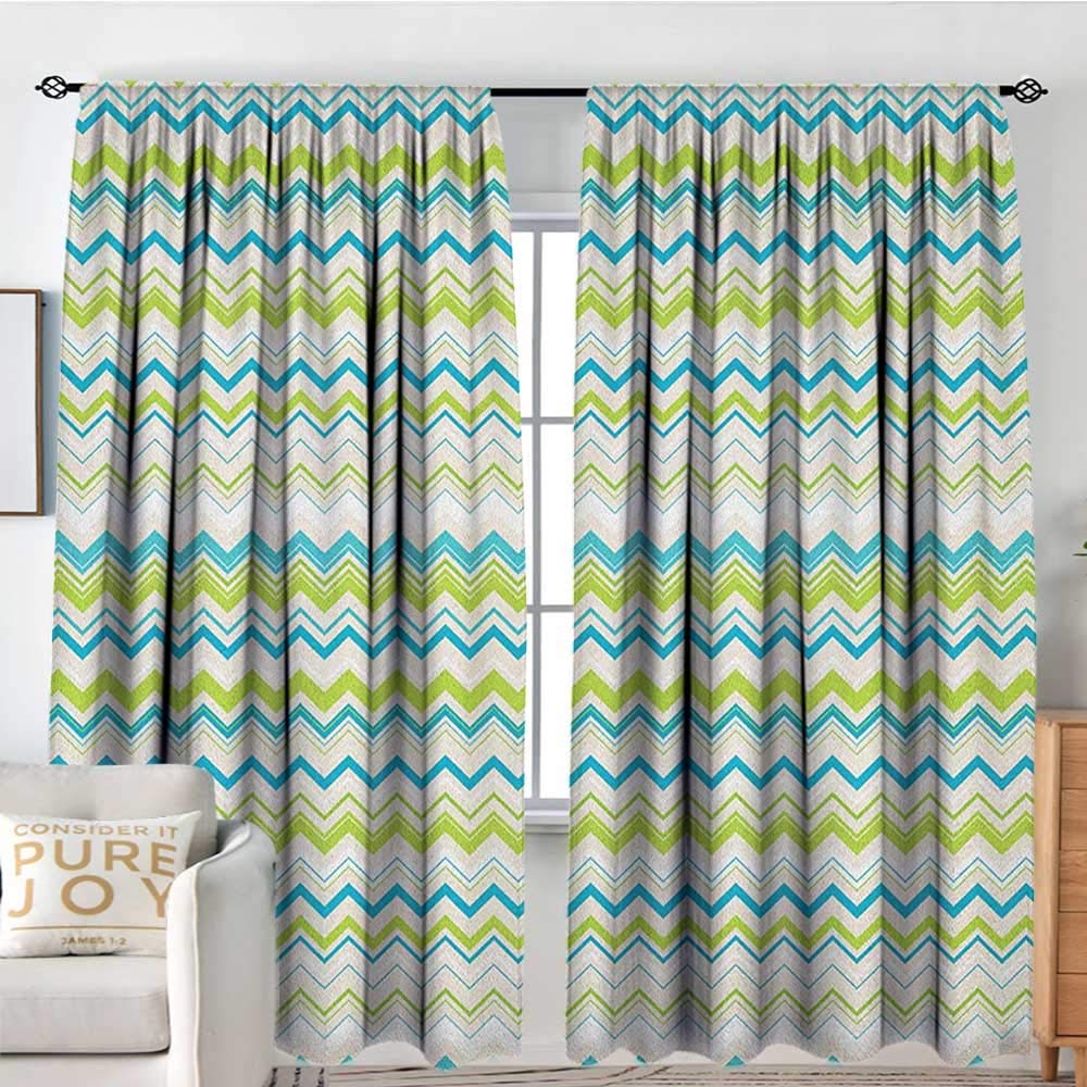NUOMANAN Blackout Curtains Teal and White,Zig Zag Lines in Horizontal Order Chevron Triangles Geometric, Yellowgreen Blue Cream,Rod Pocket Curtain Panels for Bedroom & Kitchen 60"x84"