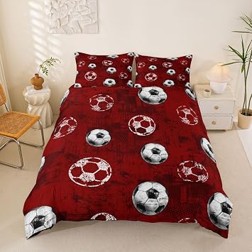 Loussiesd 3D Soccer Duvet Cover Single Size Football Red Bedding Set for Boys Girls Gaming Sports Theme Comforter Cover Bedroom Decor 2Pcs Zipper Closure With 1 Pillowcase