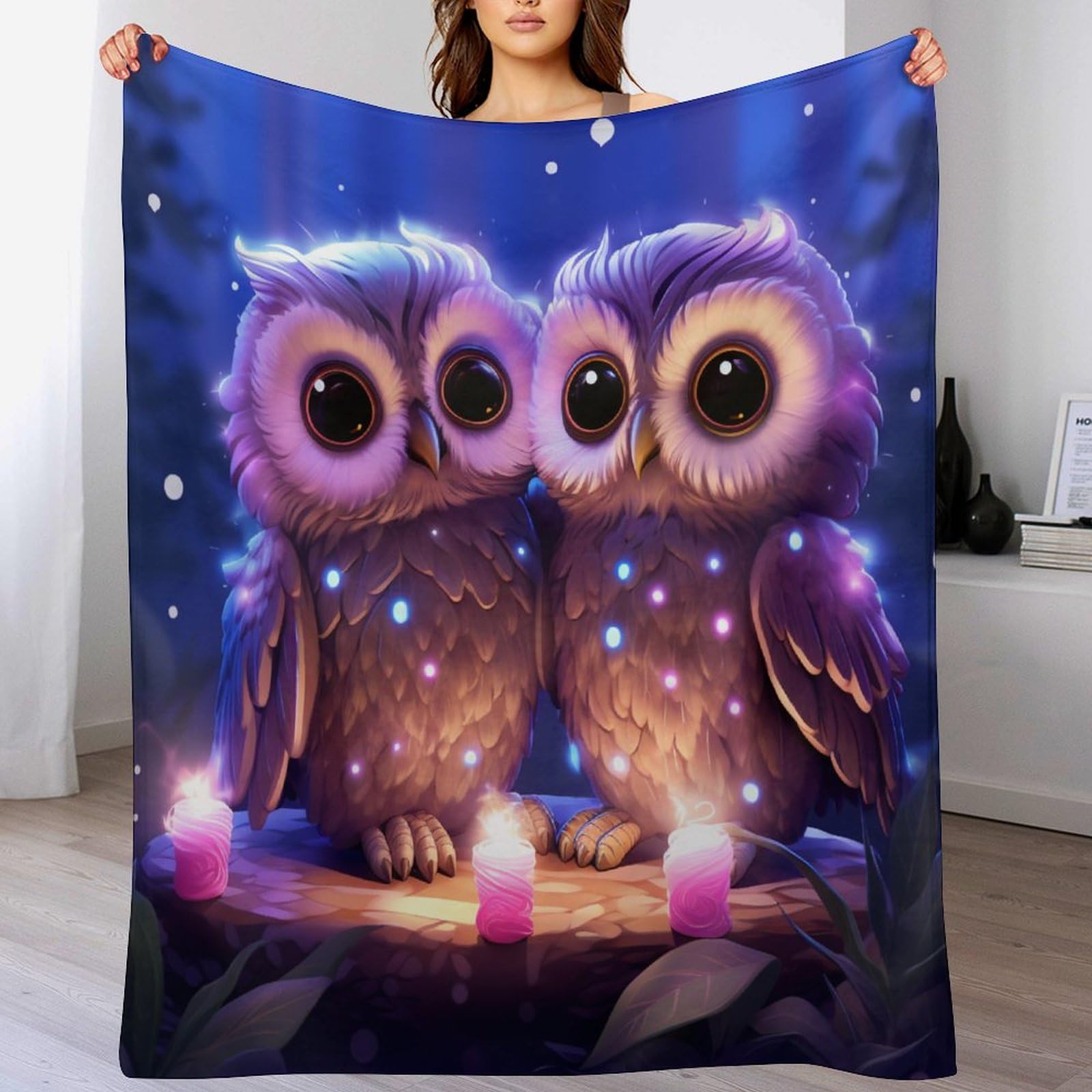 Couverture douce et moelleuse Hibou en flannel 130x150cm pour adulte