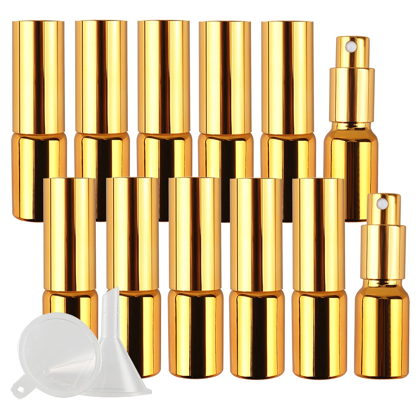 24 pezzis 10ml Flacone Spray in vetro oro rivestimento-UV & 2pezzis imbuto, 10 ml Bottiglie Vuote Riutilizzabile da Viaggio Contenitori per Profumo Pulizia della Casa