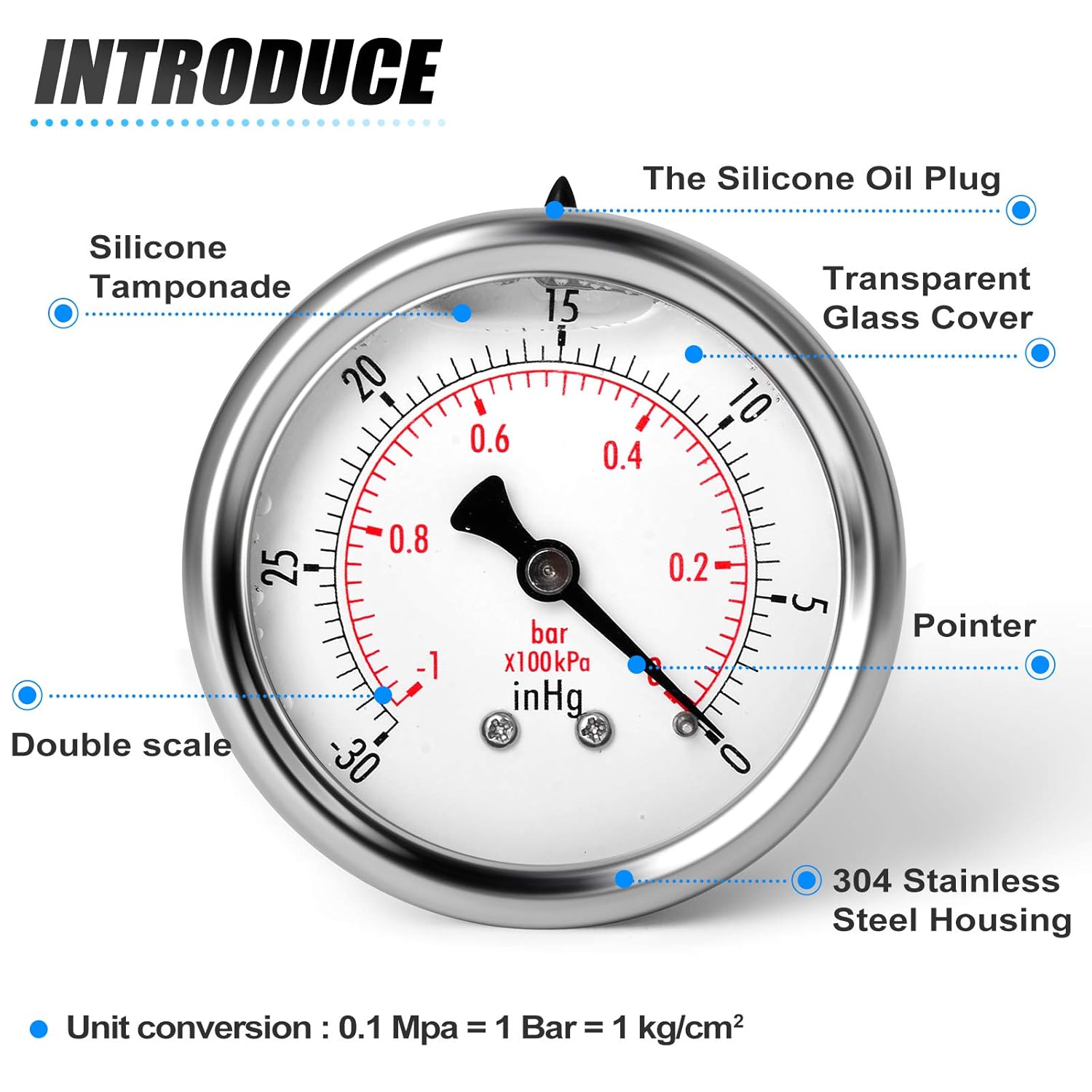 MEANLIN MEASURE -30~0Psi Stainless Steel 1/4" NPT 2.5" FACE DIAL Vacuum Pressure Gauge ，Center Back Mount: Industrial & Scientific