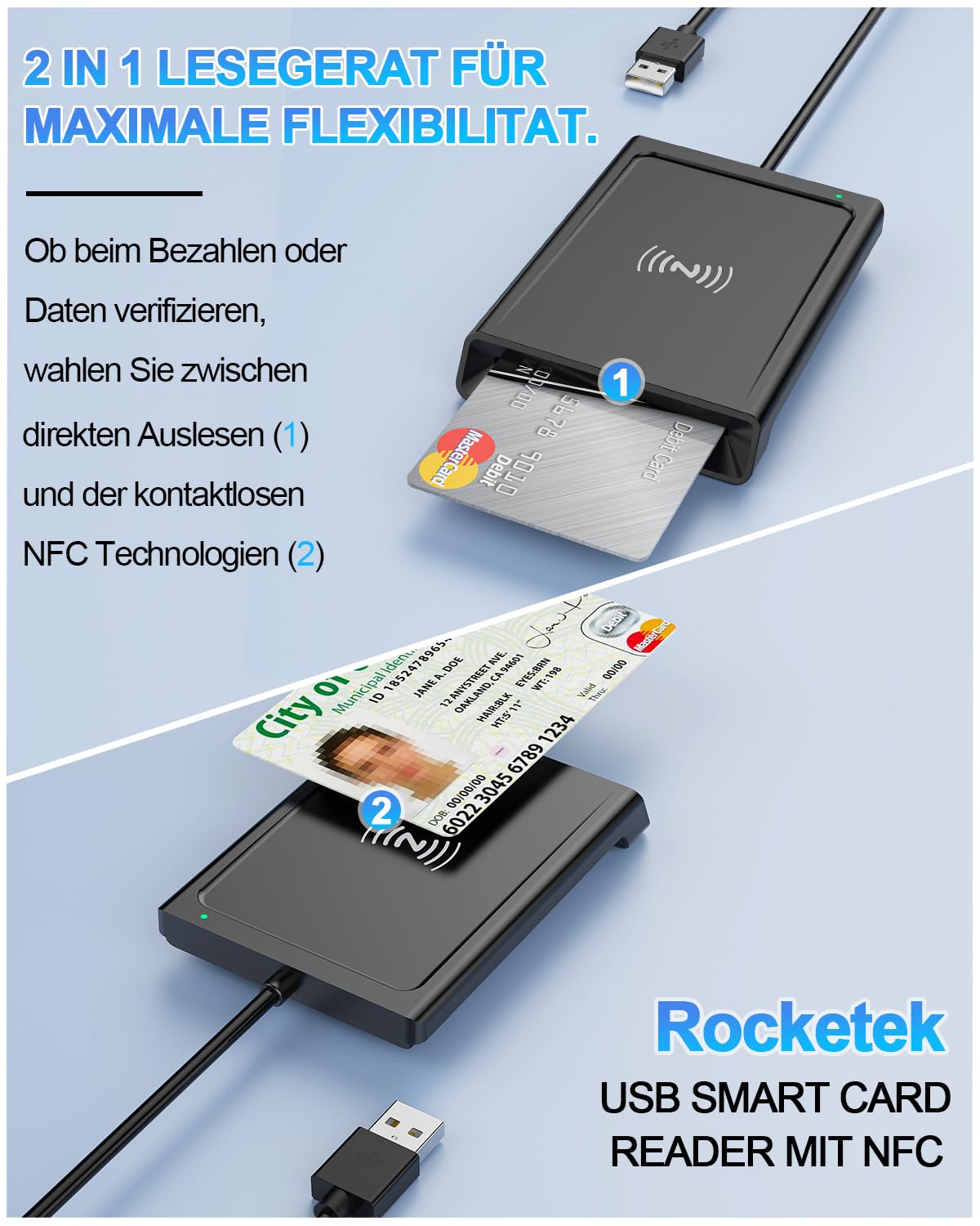 USB Chipkartenleser mit NFC - Smart Card Reader/SIM Kartenlesegerät - Kompatibel mit Windows, Linux, Android -DOD Military Kartenleser für den Neuen Personalausweis Gesundheitskarte Bankkarten