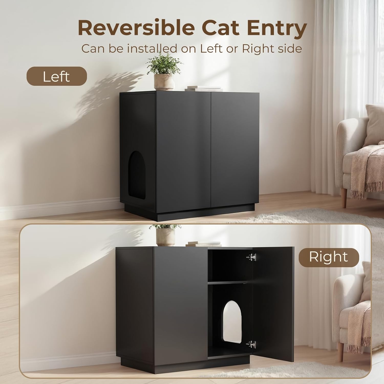 Amunrbrek Large/Tall Litter Box Enclosure, Modern Wooden Litter Box Furniture for XL Litterbox with Hidden Storage as Sideboard Cabinet (Black)