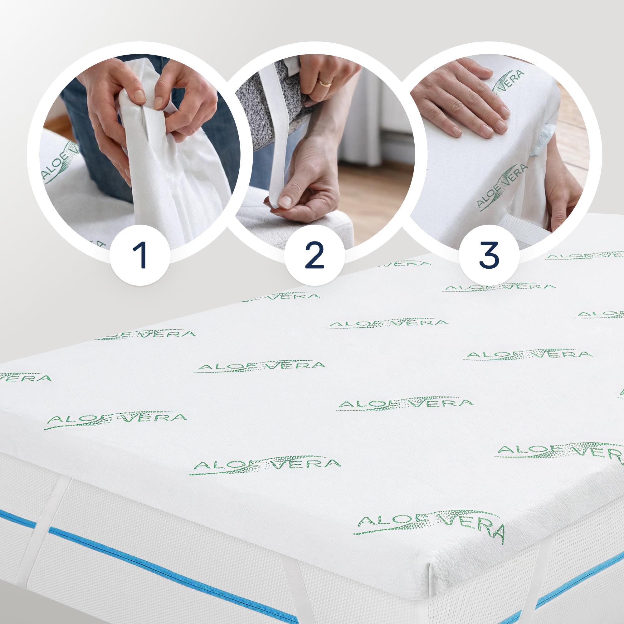 Dailydream Topper Viscoelástico 160x200 cm, Memory Foam, 5 cm de Alto | Edición Aloe Vera, sobrecolchón viscoelástico con funda suave al tacto, base antideslizante y correas elásticas.