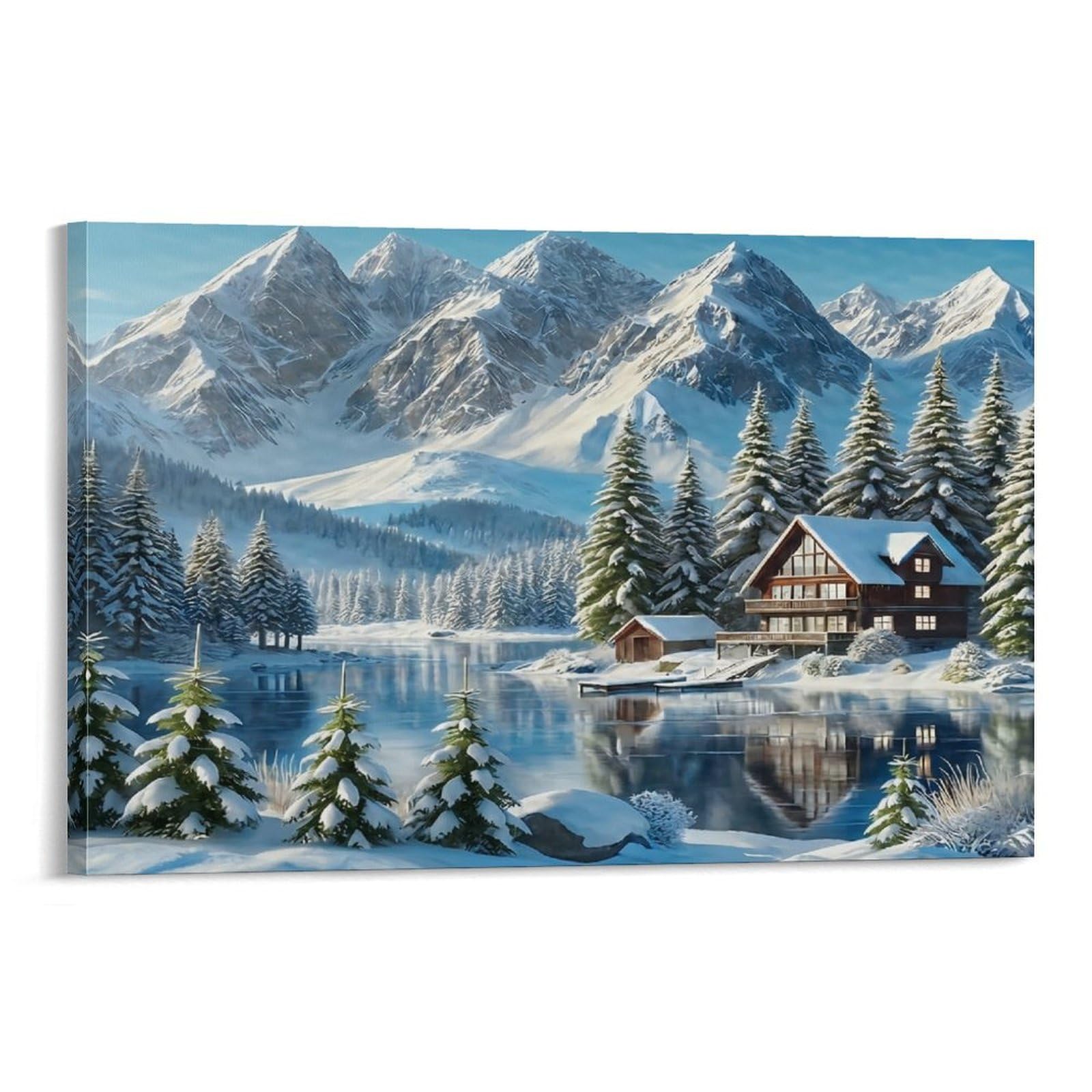 CPLVKWRQJ Snowy Mountain Cabin Individual Lakeside Chalet Snow Capped Mountain Pines Wall Art Decor - Office Wall Focal Art Multi-Purpose Fade Resistant Decor 12x18inch(30x45cm)