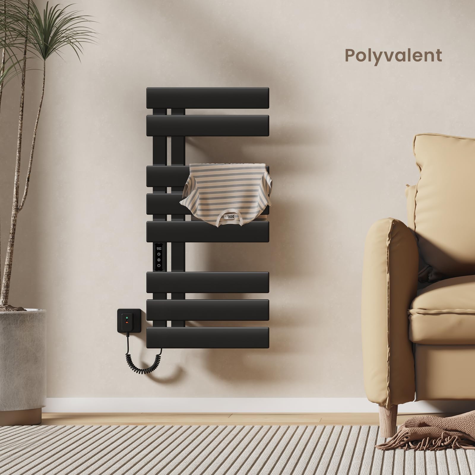 EMKE Sèche-Serviettes Électrique, 850x400mm, 230W, Noir Mat, Côté Gauche | Porte-Serviettes Chauffant,Écran Tactile, Radiateur Sèche-Serviettes Contrôle Wi-FI, Fonction Minuteur