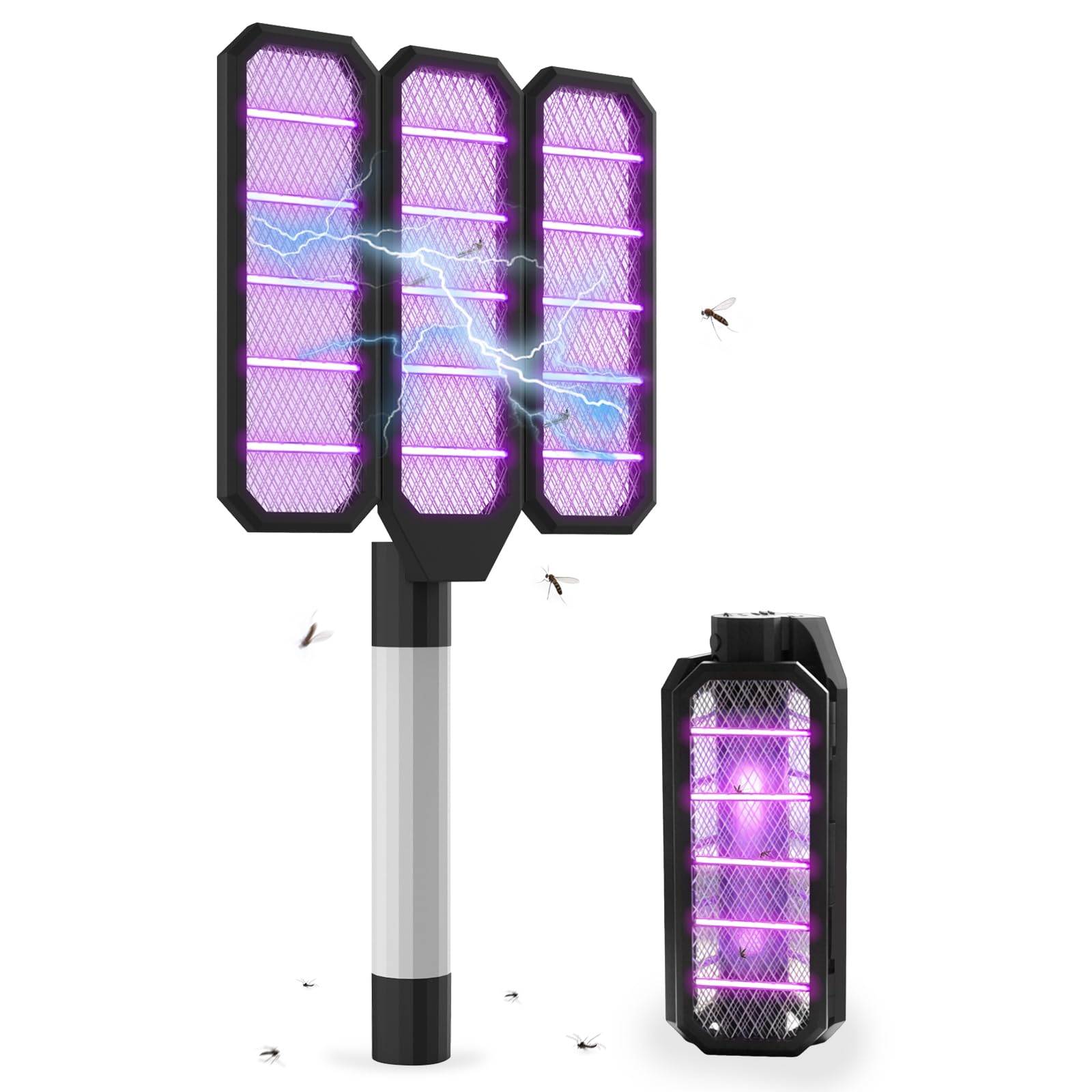 3-in-1 Transformable Electric Fly Swatter & Camping Mosquito Lantern Foldable Bug Zapper with 4000mAh Battery, 3-Mode LED Torch & Hanging Hook – Detachable Handle for Indoor Home Garden Outdoor Travel