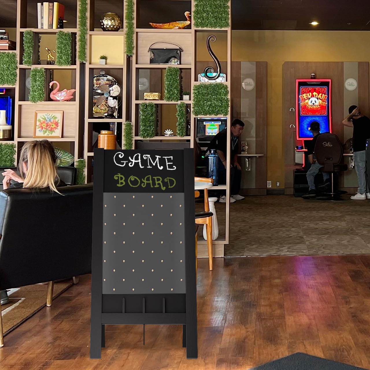 INNOVART A-Frame Chalkboard Sidewalk Sign 40" x 19", Foldable Plinko Prize Drop Game Board with 5 Pucks, Chalkboard Sign with Chalk & Eraser for Restaurant, Business, Party, Church, Outdoor Events