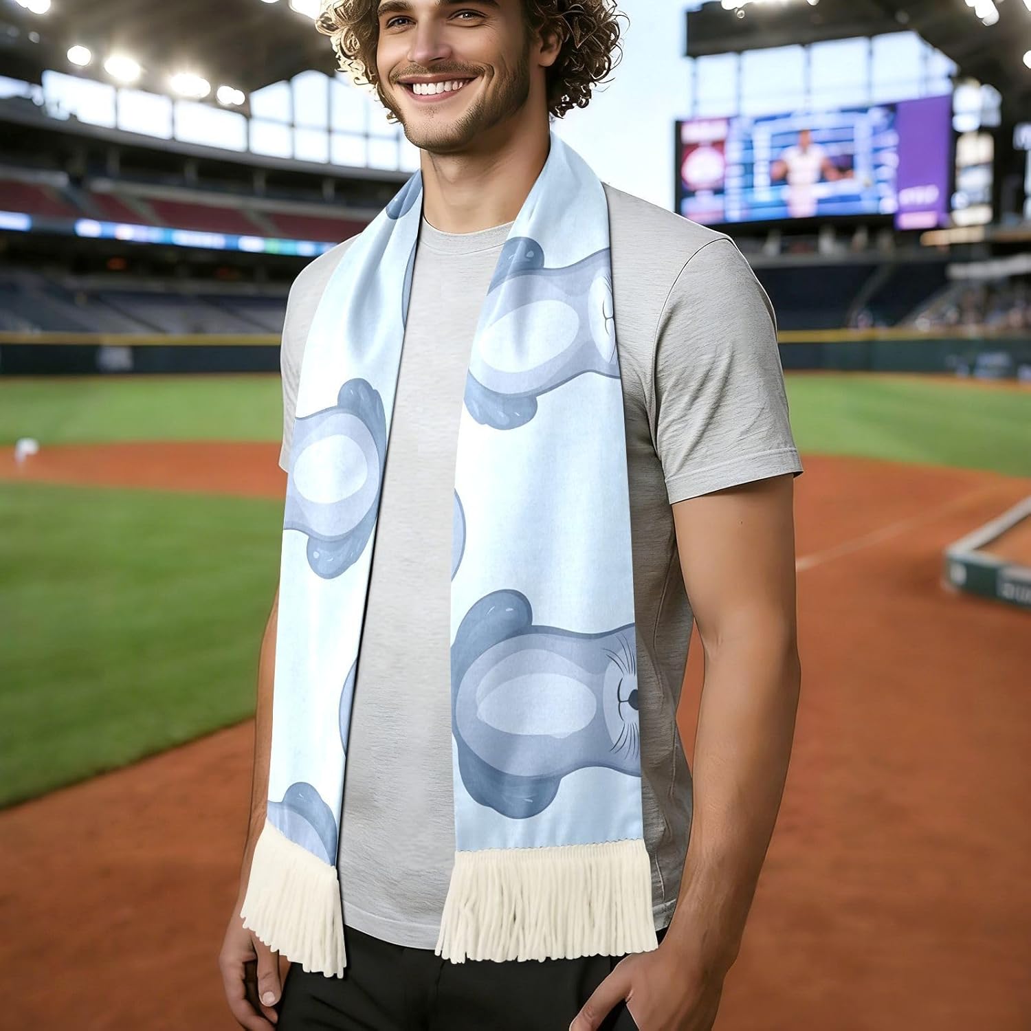CHIFIGNO Cute Sea Lion Blue Sports Fan Scarf for Game Day, Soft Polyester Wrap, Quick Dry Fabric with Fringe Decor