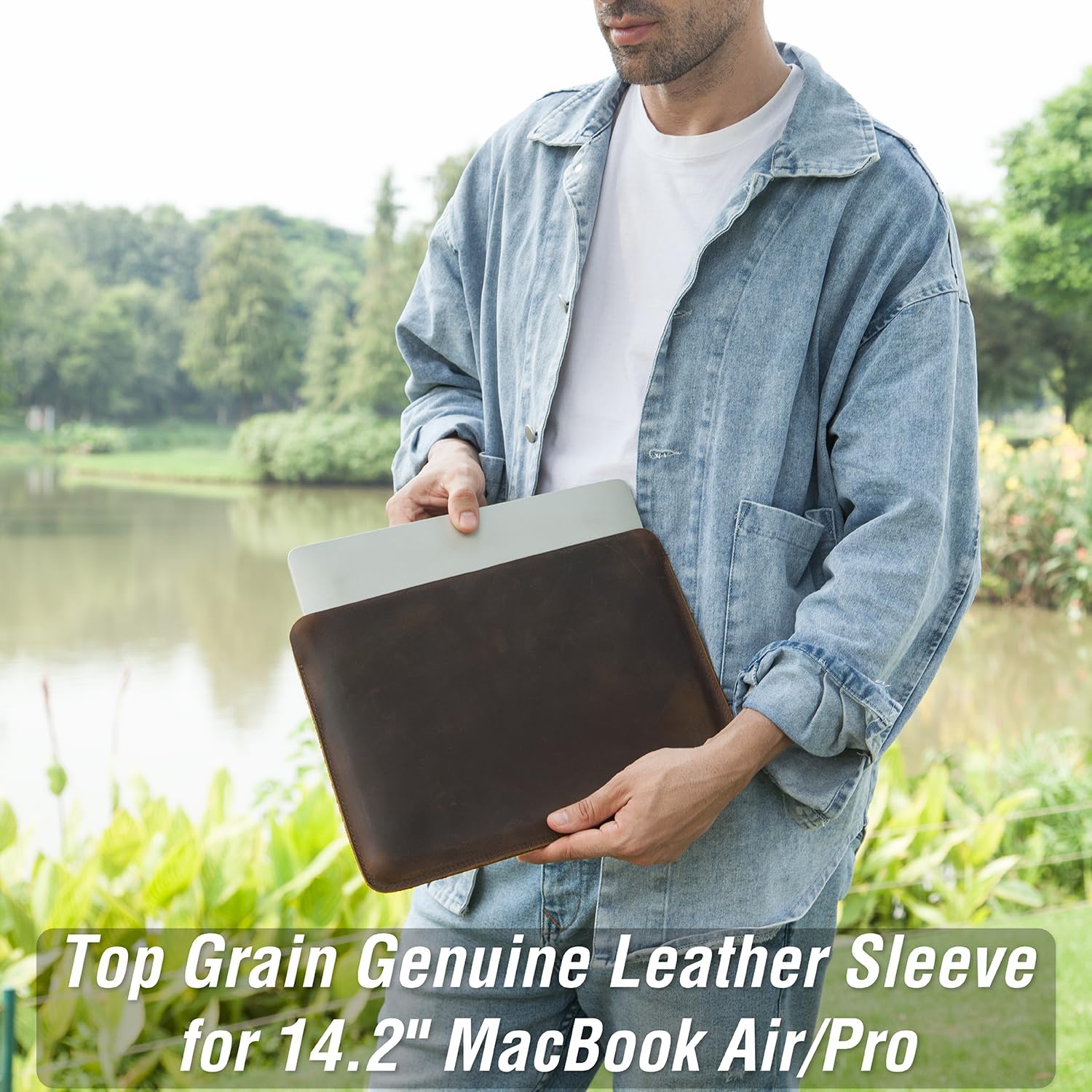 Top Grain Leather 14.2" Laptop Sleeve Case, Fit Design, Compatible with MacBook Air 13" M2 A2681 M1 A2337 A2179 A1932/Pro 13" M2 A2338 A2251 A2289 A2159 A1989 A1706 A1708, Coffee 14.2 Inch - Image 3