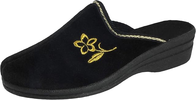 Yinka Shoes Ladies Velour Embroidered Flower Wedge Slip On Hard Sole Backless Mule Slippers Size 3-8