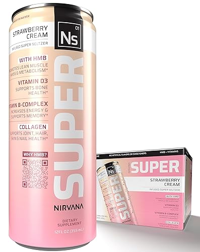 NIRVANA Super Seltzer Water - Paquete de 12 unidades, sabor a crema de fresa, bebida energética infundida con HMB, agua seltzer con vitamina D3,