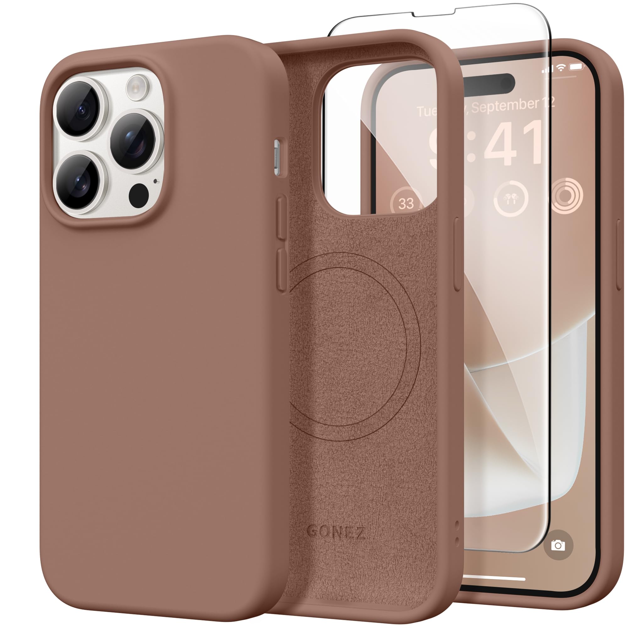 GONEZ Magnetic for iPhone 14 Pro Case, [Compatible with MagSafe] Anti-Scratch Microfiber Lining &amp; Screen Protector, Shockproof Slim Phone Silicone Cover 6.1 inch, Brown