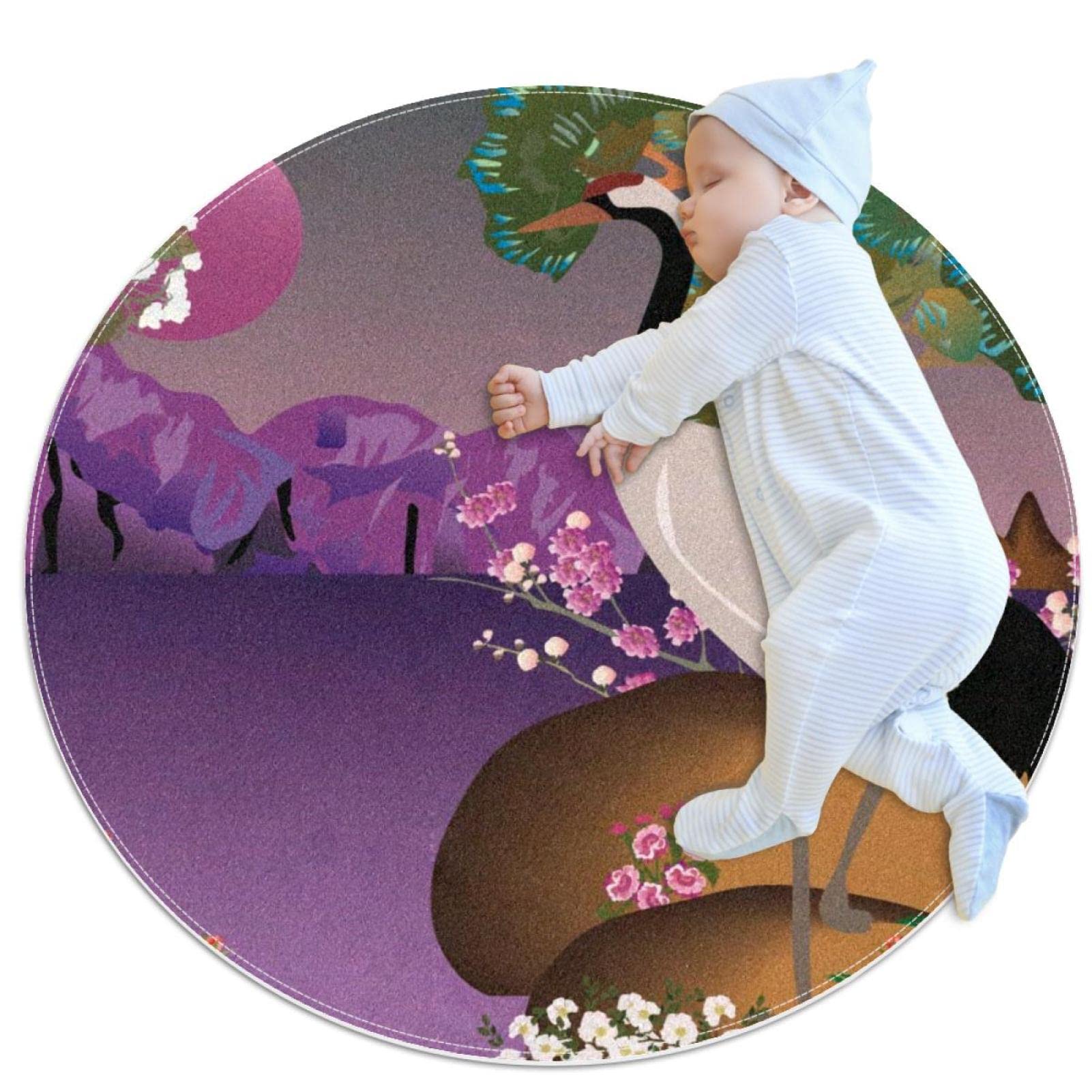 Tapis fleurs grue japonaise rond 100x100cm chambre salon salle de jeux