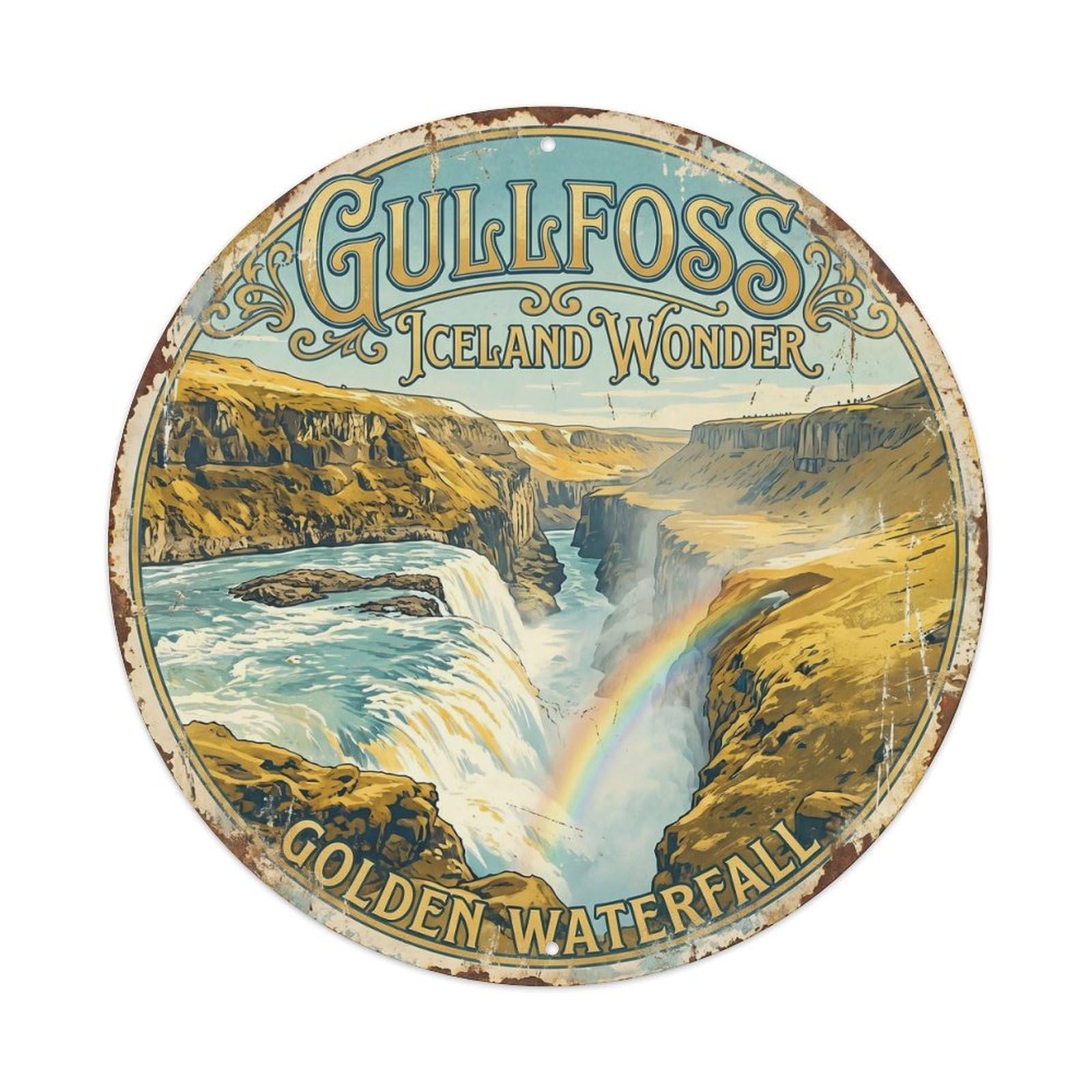 Vintage Travel Gullfoss Iceland Golden Metal Tin Sign Plaque Wall Decor for Cafe, Club, Garden Round Metal Poster 8x8Inch