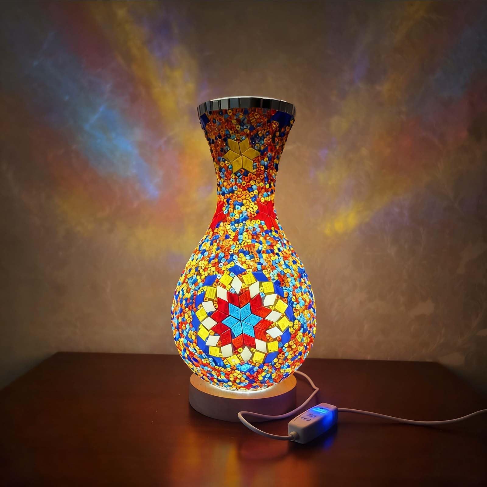 wpdash Meditative türkische Nachtlicht-Tischlampe, Buntglasvase mit Stecktaste, Ideal für Nachttisch, Yoga-Studio-Beleuchtung und entspannende Badezimmer-Rückzugsorte - USB-Aufladung (13 x 27,9 cm) — image 1