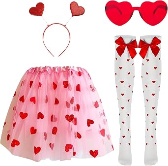 YKYOBFA 4pcs Costume Set Pink Tutu for Women Red Heart Headband and Heart Sunglasses for Halloween Party Supplies