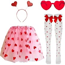 YKYOBFA 4pcs Costume Set Pink Tutu for Women Red Heart Headband and Heart Sunglasses for Halloween Party Supplies