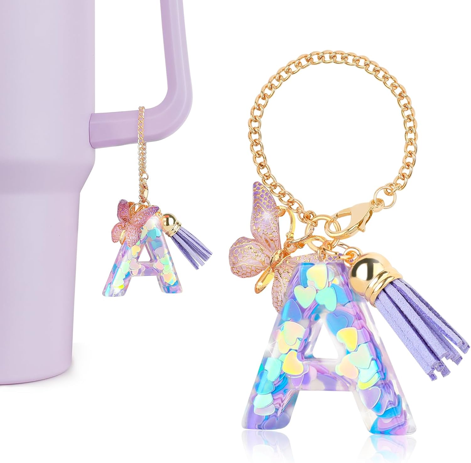 Letter Charms for Stanley Cup with Handle, Initial A Charms Accessories for Stanley Tumbler, Purple Charm for Key Purse Handbags Backpacks, Cute Initial Letter Charm with Butterfly Tassel