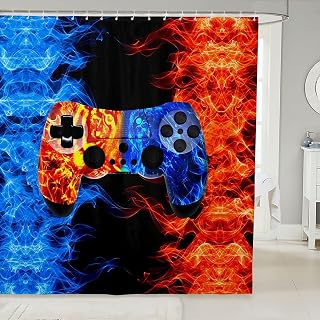 Erosebridal Boys Gamer Room Decor,Smog Wolf Gamepad Shower Curtain 72" Wx84 L,Boys Video Games Bathroom Accessories,Young Man Misty Fire and Water Gaming Bath Curtain Games Toilet Decor