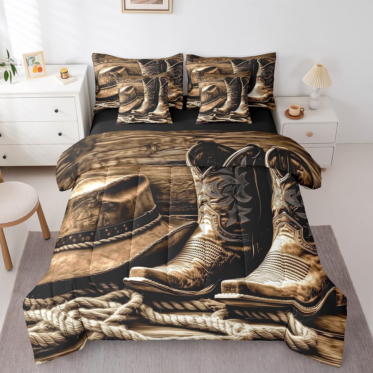 jejeloiu Western Decor Comforter Set with Sheets Full Size Kids West Cowboy 7 Pieces Bedding Set for Boys Girls Teens Rodeo Cowboy Style Bed in a Bag Breathable Hat Boot Bed Set Room Decor