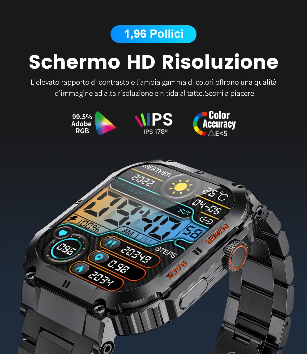 Smartwatch Uomo Militare con 1,96 Pollici Schermo Grande, Funzione di Chiamata, Impermeabile 5ATM, 100+ Sport Modes 400mAh Lunga Durata Batteria Frequenza Cardiaca Android iOS Orologio Sportivo Uomo
