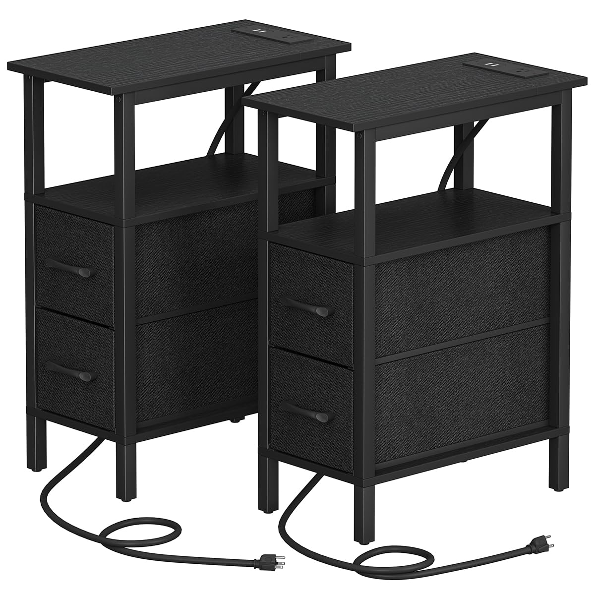 2 Set Narrow Side Table for Small Spaces, Skinny End Table with Charging Station, Sofa Beside Table with 2 Fabric Drawers and 1 Open Compartment, Slim Nightstand with USB Ports Outlet, Black UTBT004B2