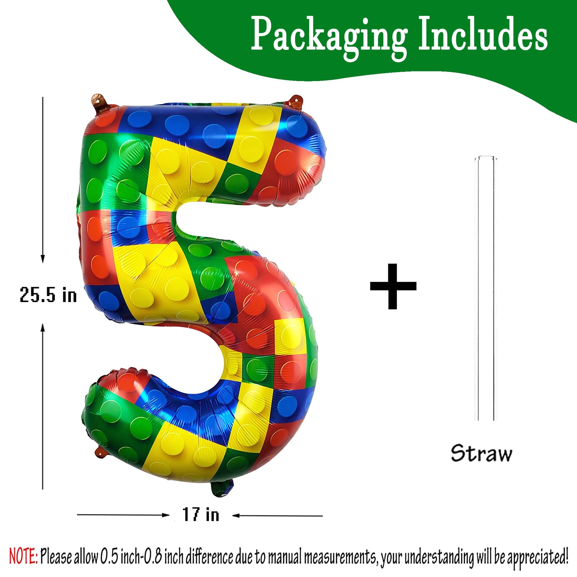 CHANGZHONG 32 Inch Building Block Number 5 Balloons 5 year old Large Big Helium Foil Mylar Balloon for Girls Boys 5th Birthday Party Decoration Supplies — view 2