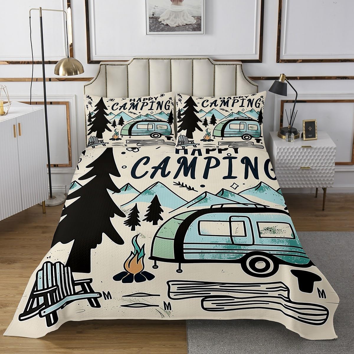 jejeloiu Camping Bedspread Camper Bedspread for Kids Boys Girls Cabin Coverlet Set Camper Travel Car Quilted Bedroom Collection 2Pcs Twin Size