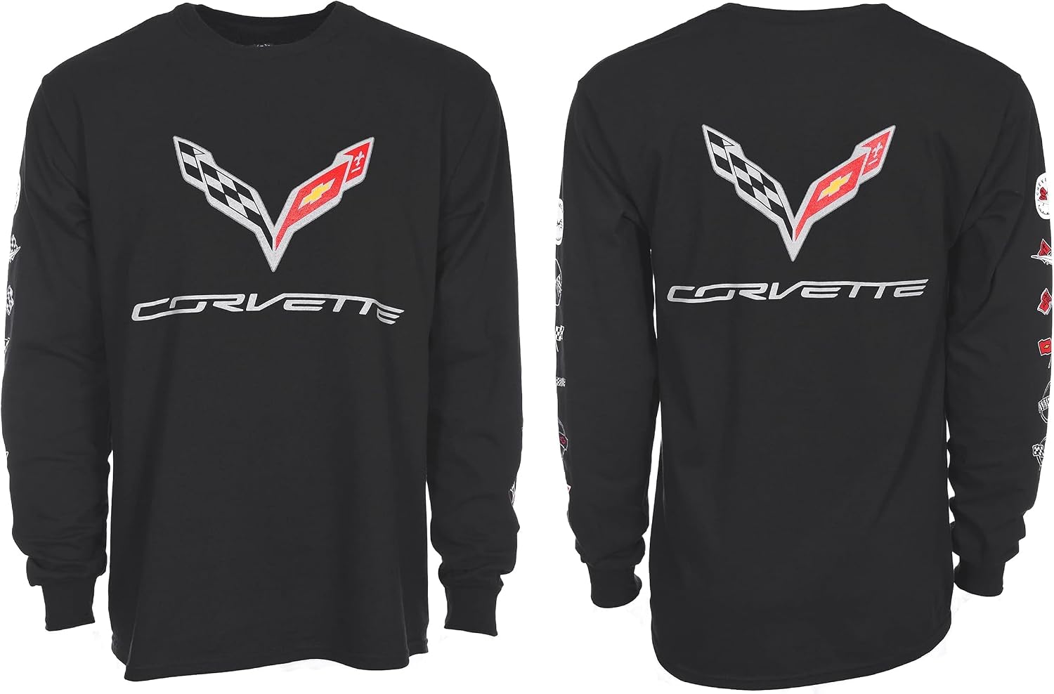 JH Design Men's Chevy Corvette C7 Long Sleeve Black T-Shirt Front Back & Sleeve Logos
