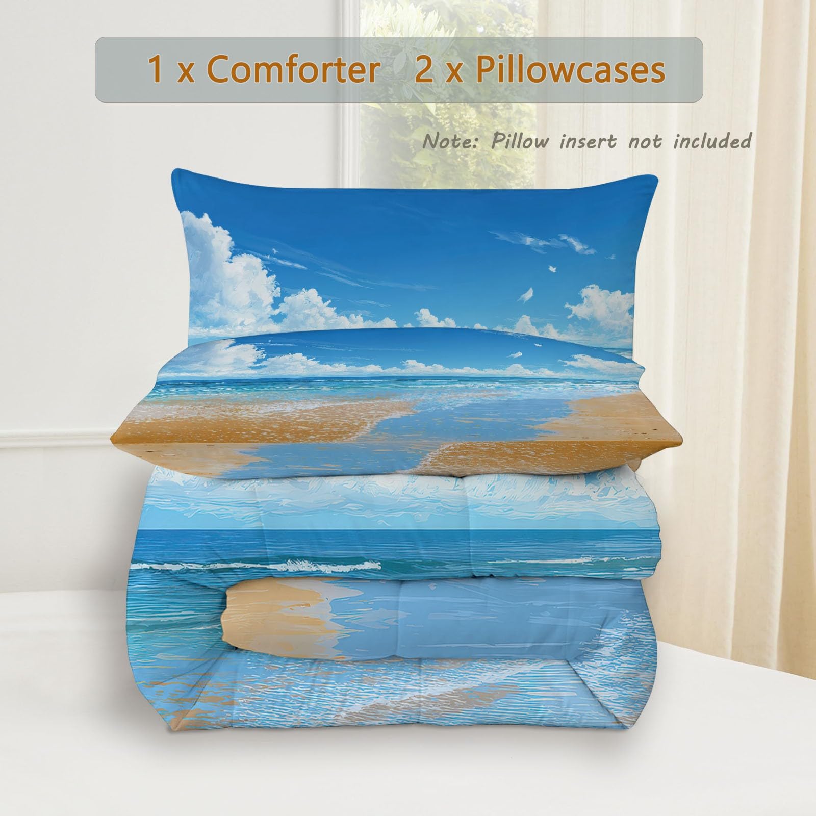 Piumino senza copertura con nuvole di mare 200 x 200 cm, reversibile, stampato, morbido, trapuntato, per letto matrimoniale, 4,5 tog, per tutte le stagioni, per fotografia, spiaggia, trapuntato