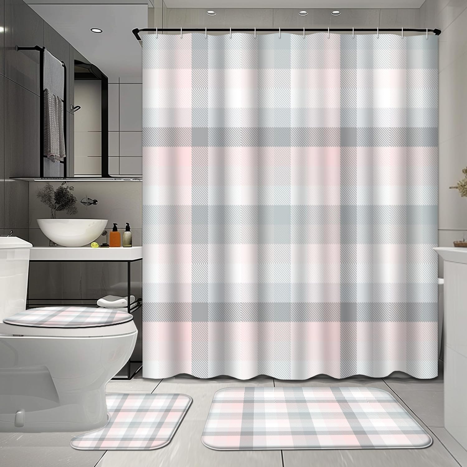 GALMAXS7 Gray Pink 4 Pcs Shower Curtain Sets with Rugs