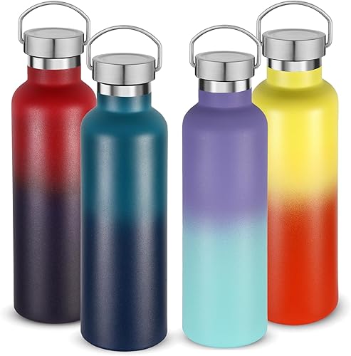 Volhoply Botella de agua de boca estándar aislada de 24 onzas con tapa combinada de plástico y acero inoxidable, paquete de 4 unidades, 304 botellas