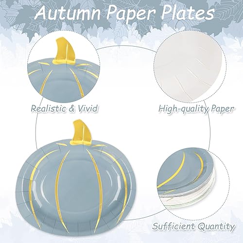 Miniatura 10 de Whaline 30 platos de papel de hojas de otoño de Acción de Gracias, platos desechables de 3 colores de lámina dorada, hojas de otoño, platos de