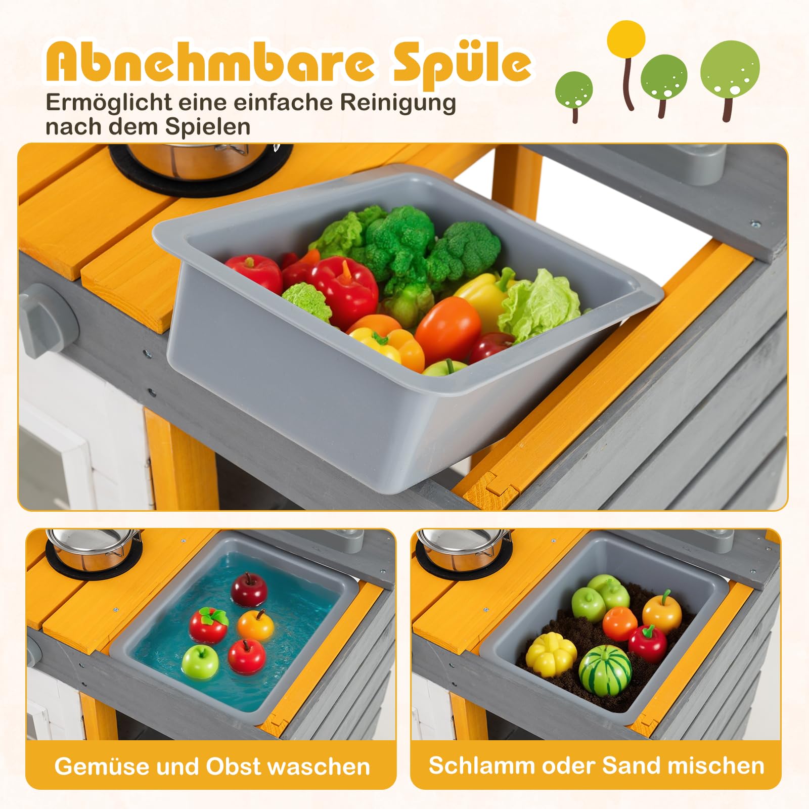 DREAMADE Spielküche aus Holz, Matschküche Outdoor mit Herd & Geräuschen, Kinderküche mit Spüle, Wasserhahn, Ofen & 7 Zubehör, Spielzeugküche für Kinder ab 3 Jahren
