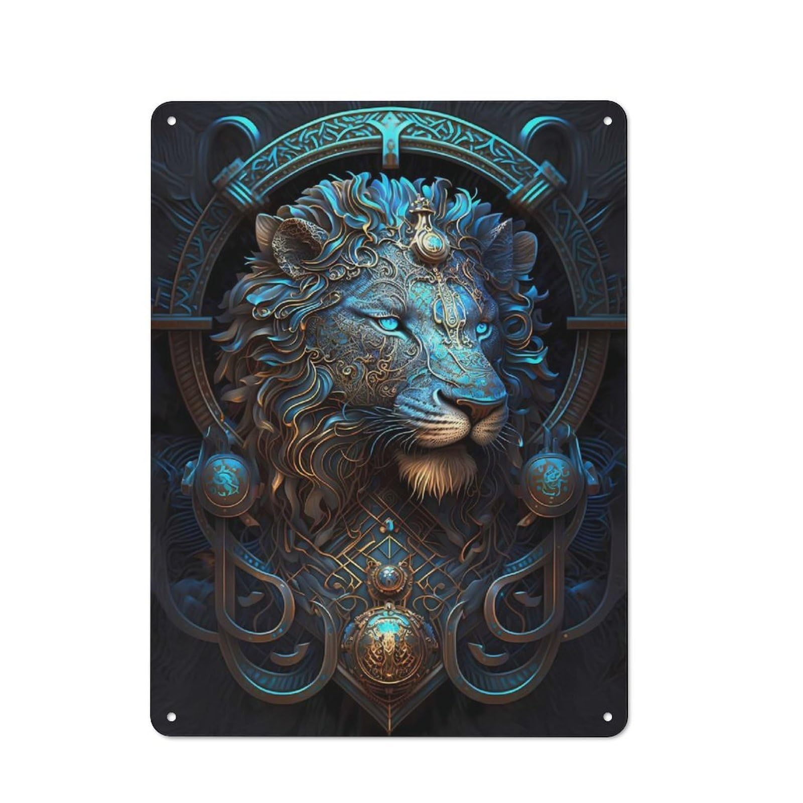 Mystical Cosmic Blue Lion Industrial Metal Wall Decor 40x30cm, Retro Metal Sign for Workshop, Basement, Shed Or Games Room