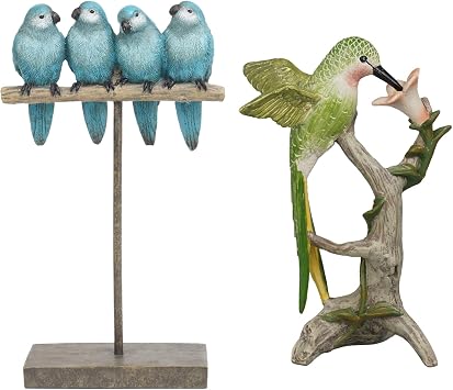 Braxio Resin Birds Decor Bundle Set Blue Bird & Hummingbird Figurines for Living Room, Shelf, Table - Modern Home Ornaments