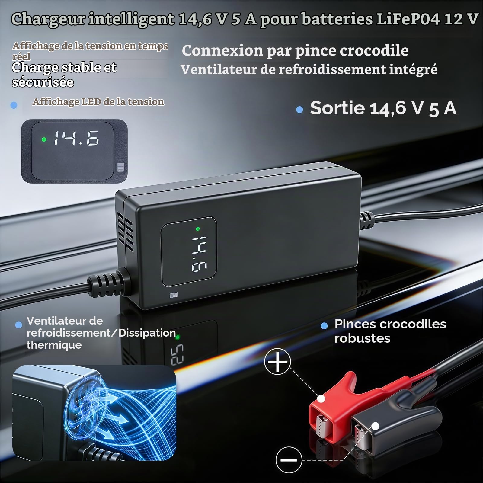 Chargeur de Batterie LiFePO4 14,6 V 5 A pour Batterie 12 V (4S), avec Pinces Crocodile, écran d’Affichage de la Tension, Charge Intelligente, pour Camping-Car/nautisme/Moto