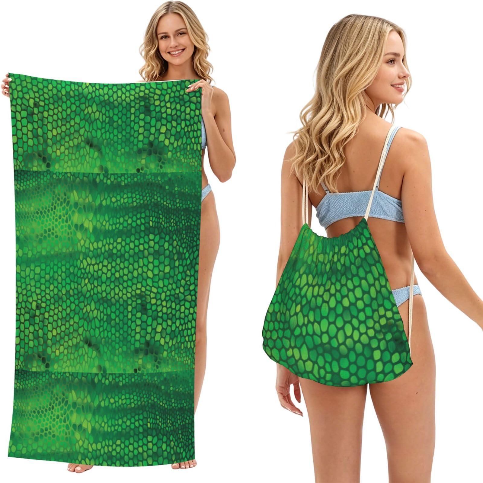 Poadnly As Picture Snake Skin Green, 2 In 1 Packable Towel Bag, Beach Towels With Drawstring Backpack For Travel Holiday Camping