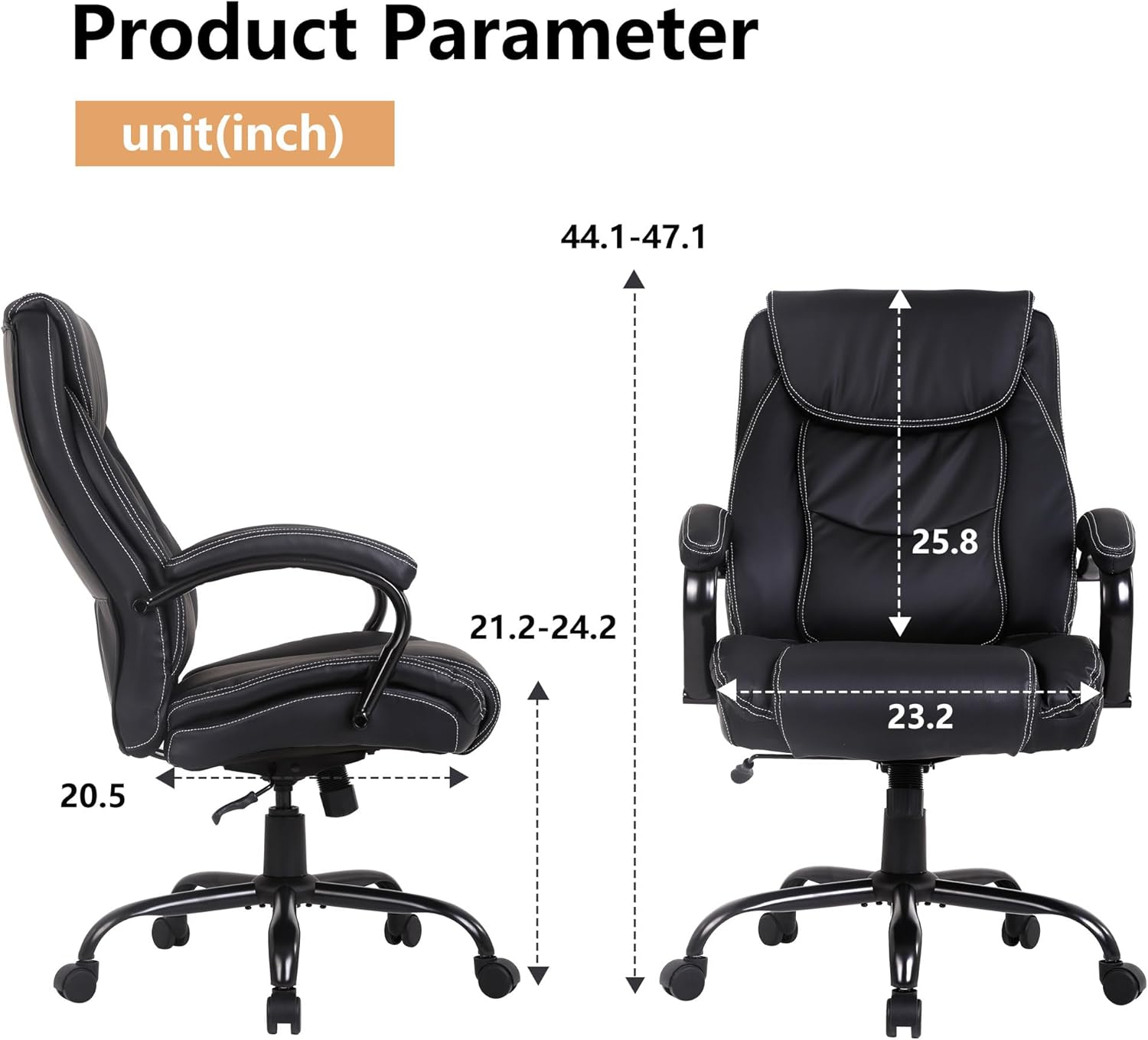 PayLessHere Big and Tall Office Chair Desk Chair Computer Chair 500lbs Wide Seat Adjustable Rolling Swivel Ergonomic Chair Pu Leather with Lumbar Support for Heavy People, Black