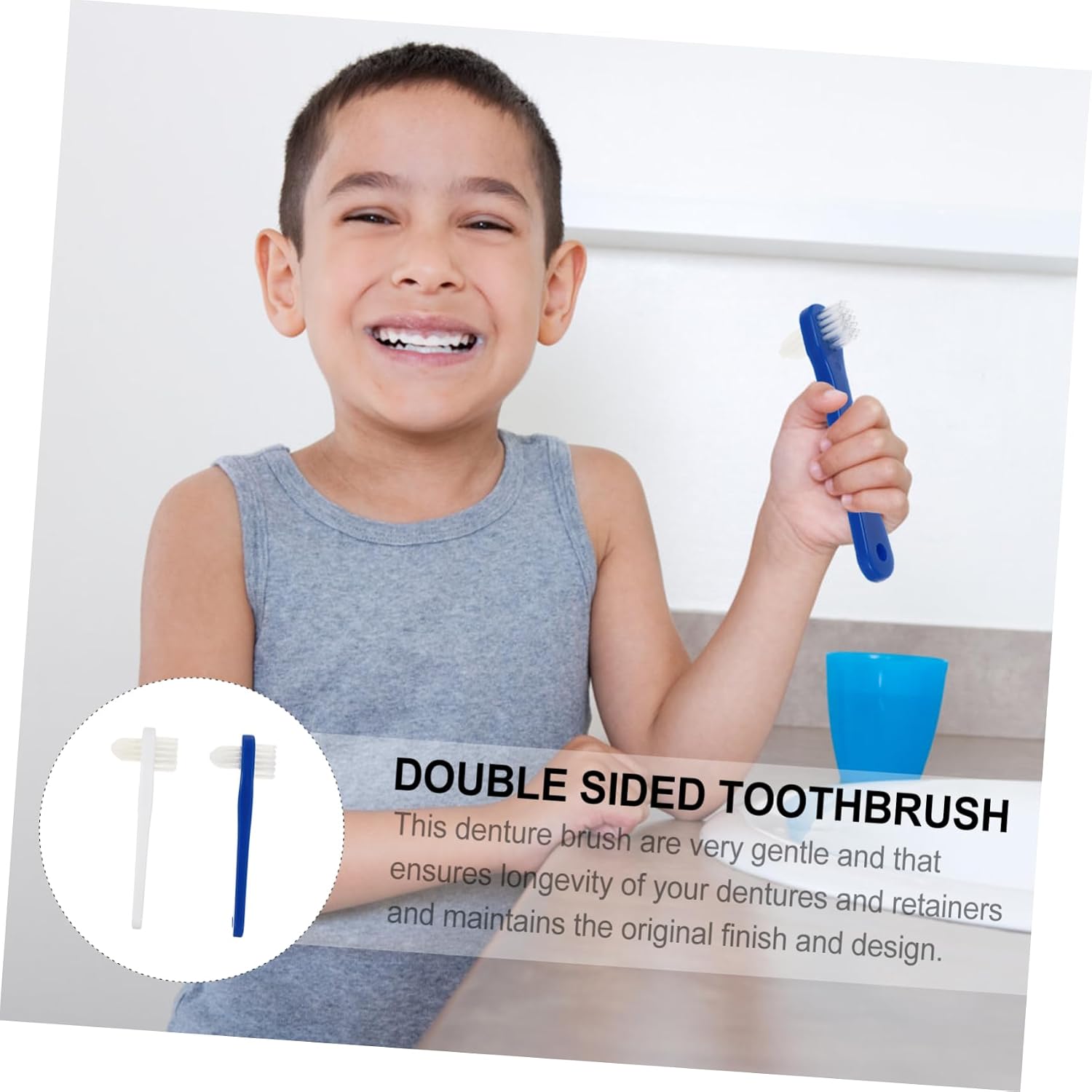 VICASKY 2pcs Dual Head Denture Cleaning Brushes T Shaped Toothbrushes for False Teeth Care with Firm Nylon Bristles White Blue for Stain Removal and Fresh Breath