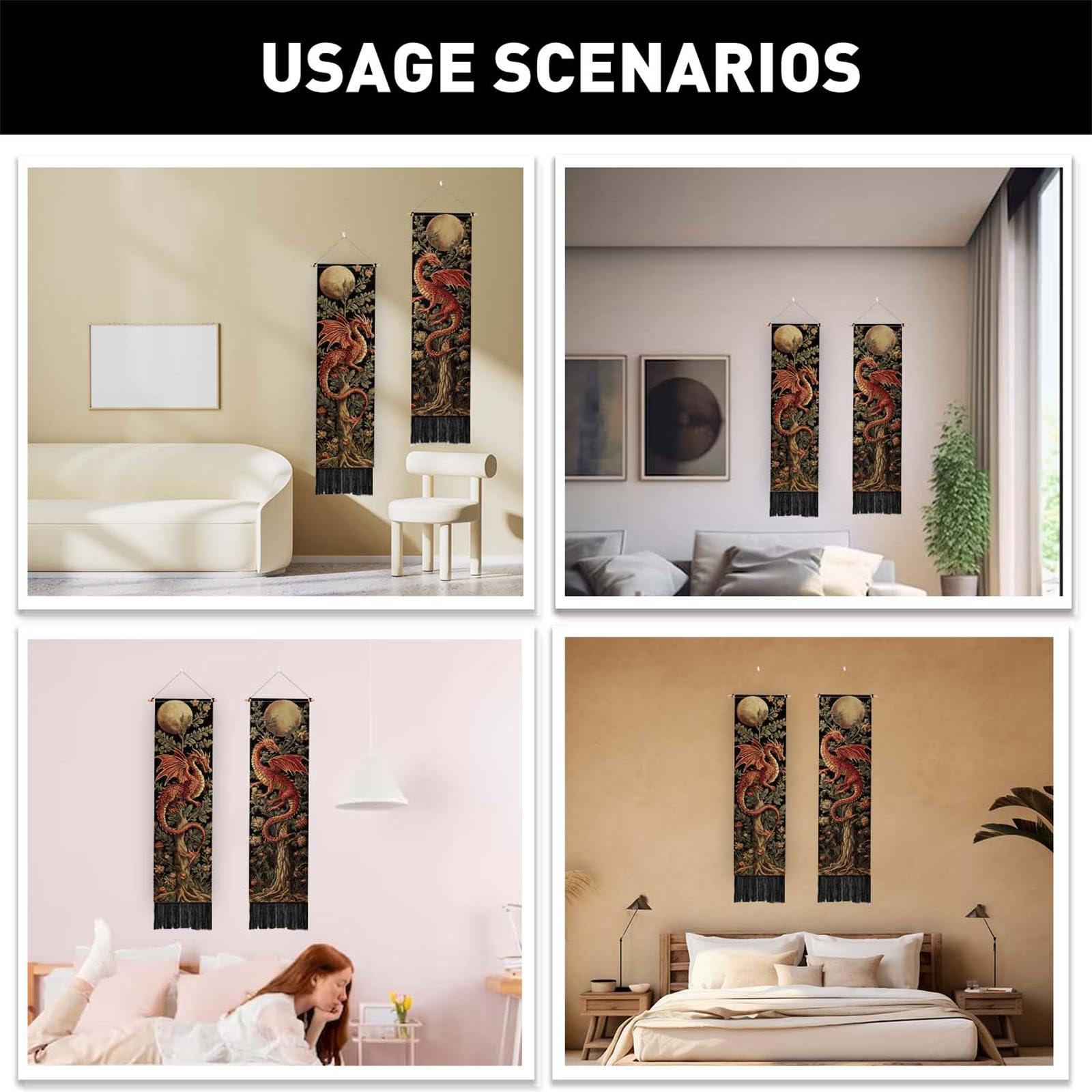 PLIGREAT 2er Pack Ästhetischer Drachen Wandteppich Mittelalterlicher Gewebter Wandbehang Mit Baummotiv Und Quasten Wandteppich Mit Mondblättern Für Schlafzimmer Wohnzimmer Heimdekor