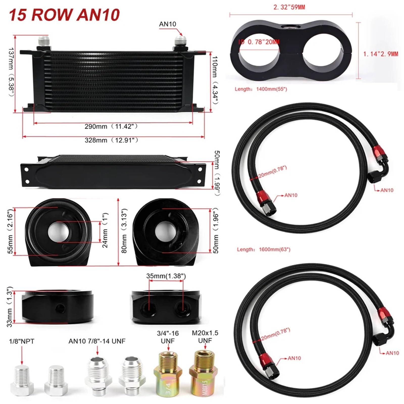 Kit Universal de Enfriador de Aceite de Motor de 10/15 Filas con Adaptador de Filtro de Aceite AN10 y Manguera Trenzada de Acero Inoxidable.