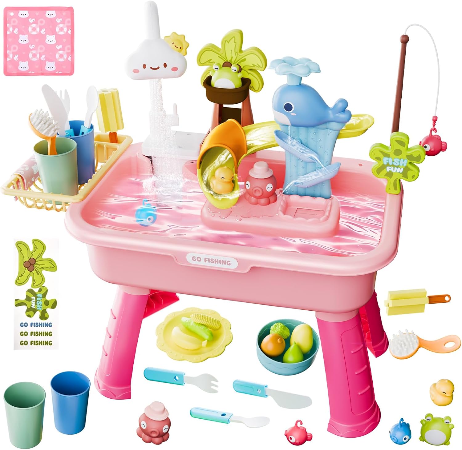 Water Table for Toddlers 3+, 4-in-1 Mini Play Sink with Running Water & Electric Faucet, Outdoor Water Table for Kids Ages 4-8 with Fishing Game, Kitchen Pretend Play, Summer Sensory Toys (Pink)
