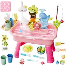 Water Table for Toddlers 3+, 4-in-1 Mini Play Sink with Running Water & Electric Faucet, Outdoor Water Table for Kids Ages 4-8 with Fishing Game, Kitchen Pretend Play, Summer Sensory Toys Pink