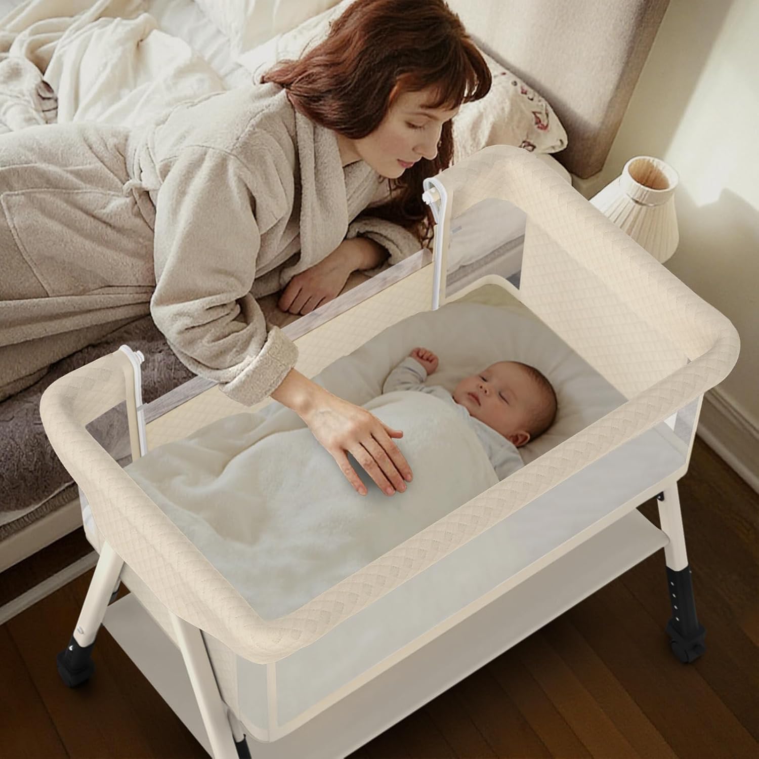 Baby Bassinet, 3-in-1 Baby Bassinets Bedside Sleeper for Newborn with Breathable Mesh, Portable Baby Crib with 4- Adjustable Height, Mattress, Storage Basket & Lockable Wheels, CPSC Beige
